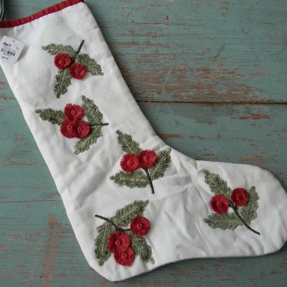 NWT PIER 1 EMBROIDERED CHRISTMAS HOLLY BERRIES STOCKING